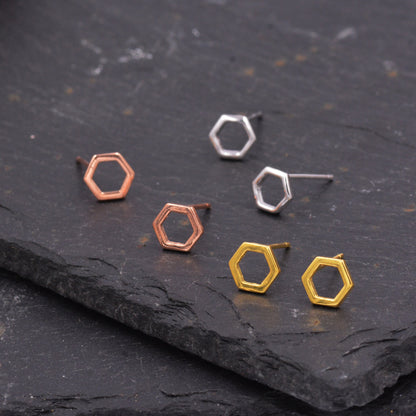 Sterling Silver Open Hexagon Stud Earrings, Silver, Gold and Rose Gold Finish Minimalist and Geometric Design