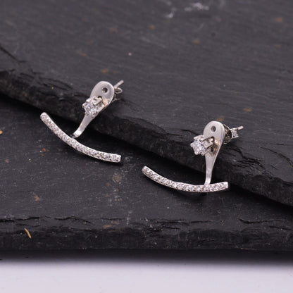 Sterling Silver Front and Back Stud Earrings Ear Jackets with Sparkly Crystals, Curved Bar Crawler Jacket Earrings