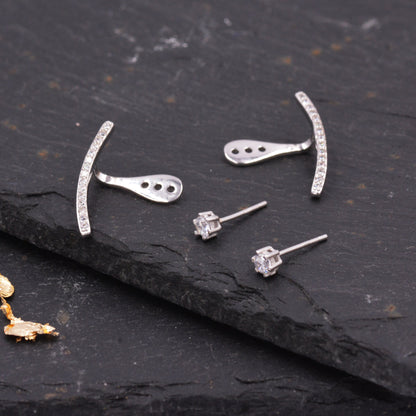 Sterling Silver Front and Back Stud Earrings Ear Jackets with Sparkly Crystals, Curved Bar Crawler Jacket Earrings