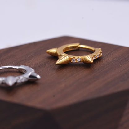Triple Spike Huggie Hoop Earrings in Sterling Silver with CZ Crystal Pave, Gold or Silver,  Funky Geometric Design