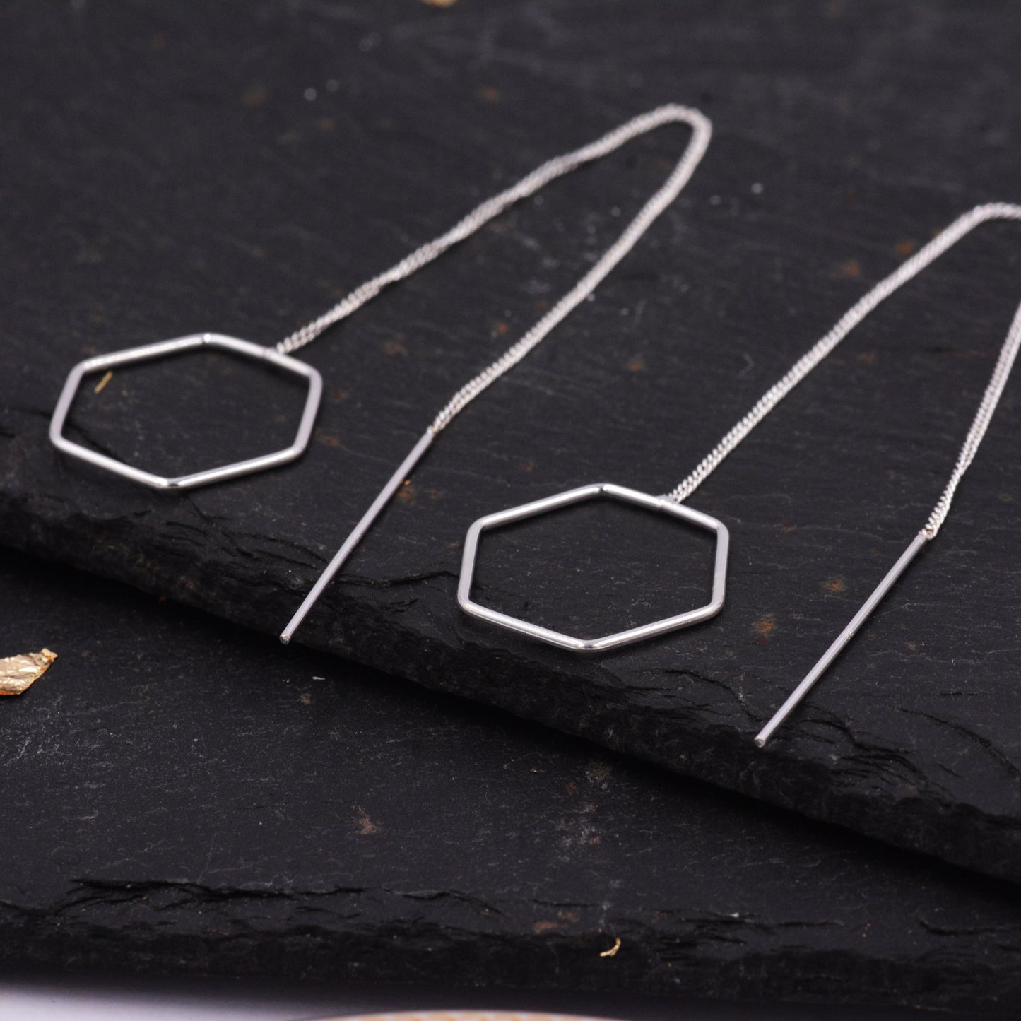 Sterling Silver Very Long Hexagon Threader Earrings, Open Geometric Shape Wire Earrings, Minimalist Simple Jewellery L37