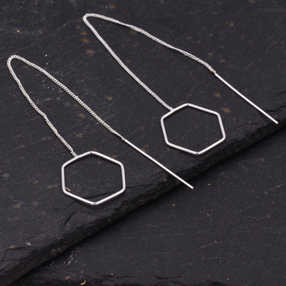 Sterling Silver Very Long Hexagon Threader Earrings, Open Geometric Shape Wire Earrings, Minimalist Simple Jewellery L37