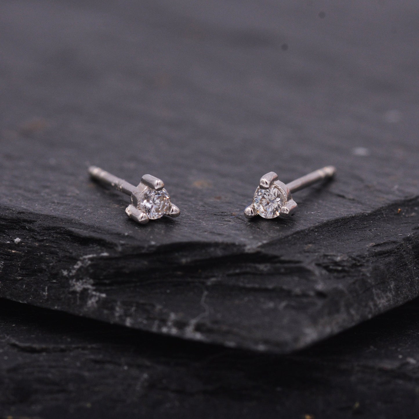Sterling Silver Tiny Little Stud Earrings, Barely Visible, Extra Small CZ Stud, Cubic Zirconia Crystal Claw Earrings, Three Prong Stud