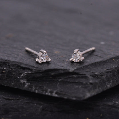 Sterling Silver Tiny Little Stud Earrings, Barely Visible, Extra Small CZ Stud, Cubic Zirconia Crystal Claw Earrings, Three Prong Stud