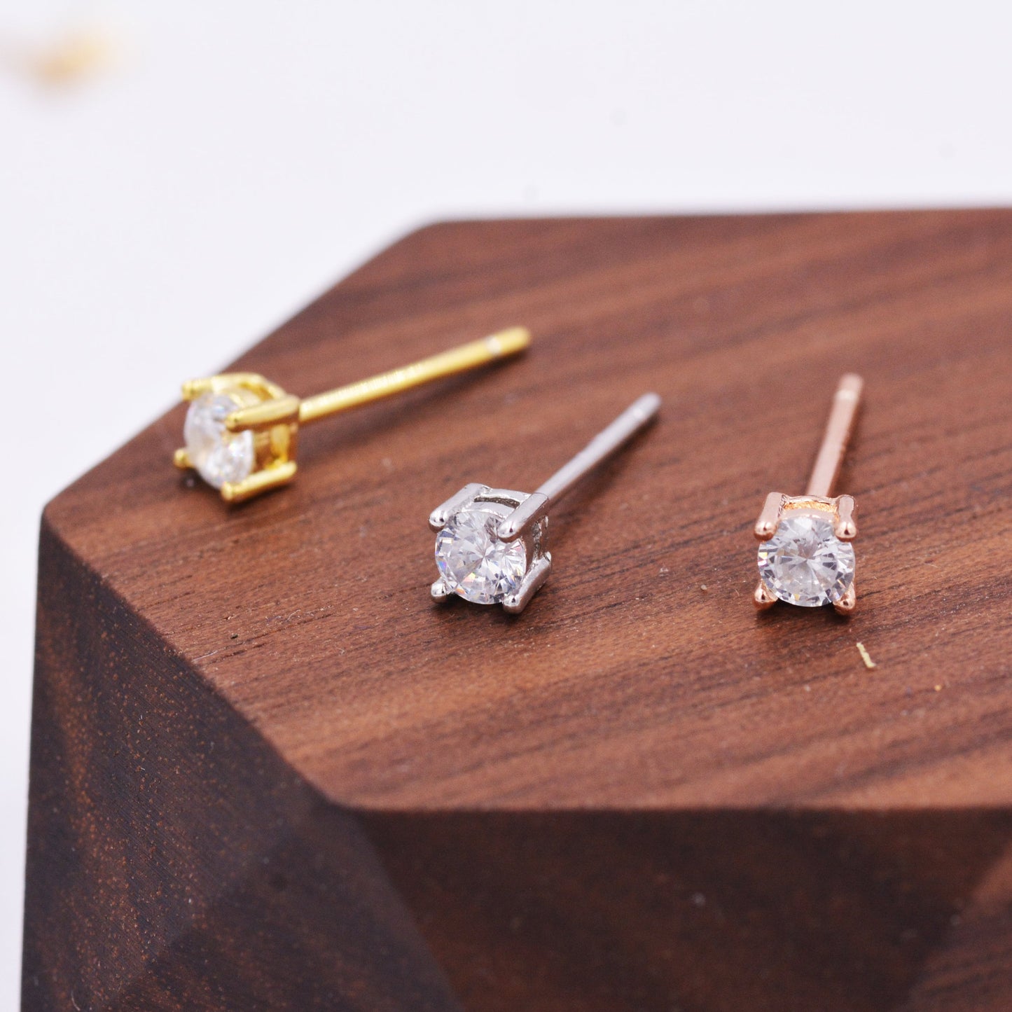 Sterling Silver Tiny Little Stud Earrings, Barely Visible, Extra Small CZ Stud, Silver, Gold and Rose Gold, Cubic Zirconia Crystal