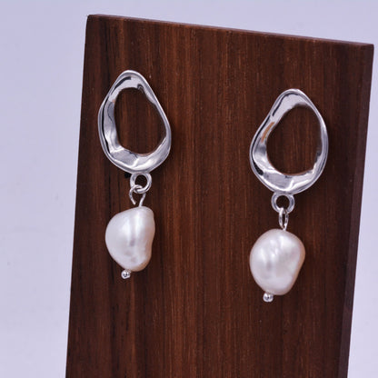Genuine Fresh Water Pearl Drop Stud Earrings, Baroque Pearl, Sterling silver with 18ct Gold Plating, Contemporary Design