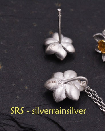Sterling Silver Water lily Lotus Flower Blossom Stud Earrings and Necklace with Partial 18ct Gold Plating, Sweet Cute Pretty Jewellery