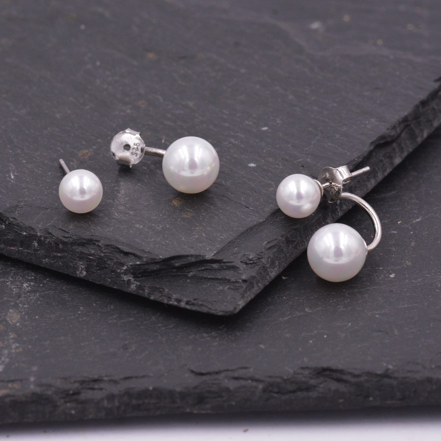 Sterling Silver Front and Back Stud Earrings Ear Jackets with Simulated Pearls, Simple and Elegant, Mother of Pearl Ear Jacket