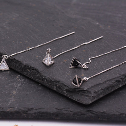 Sterling Silver Minimalist Caged Diamond Pyramid Triangle Ear Wire Threader Earrings, Minimalism Ear Threaders, Geometric Simple