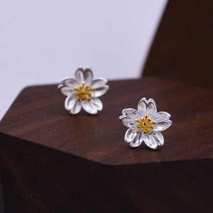 Sterling Silver Dainty Little Cherry Blossom Flower Floral Stud Earrings,  Textured Finish, Cute and Sweet Design, 18ct Gold Plate