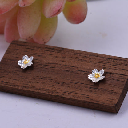 Sterling Silver Dainty Little Cherry Blossom Flower Floral Stud Earrings,  Textured Finish, Cute and Sweet Design, 18ct Gold Plate