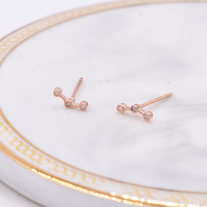Sterling Silver Three Dot Stud Earrings, CZ Trio Constellation Design, Rose Gold Coated Silver, Dainty and Delicate Tiny Jewellery