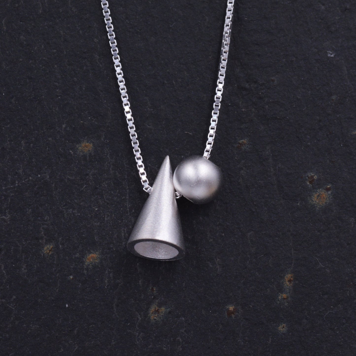 Sterling Silver Geometric Ball and Cone Pendant Necklace, Minimalist, Satin Finish M23