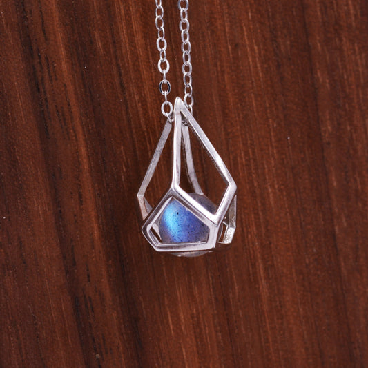 Sterling Silver Diamond Shaped Caged Gemstone Necklace with Labradorite Crystal, Delicate and Geometric