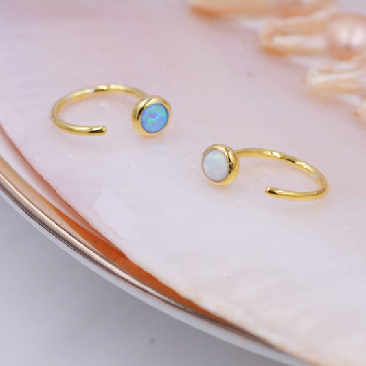 Minimalist Opal Huggie Hoop Threader Earrings in Sterling Silver, Gold or Silver, Pull Through Open Hoop Earrings, Fire Opal and Blue Opal