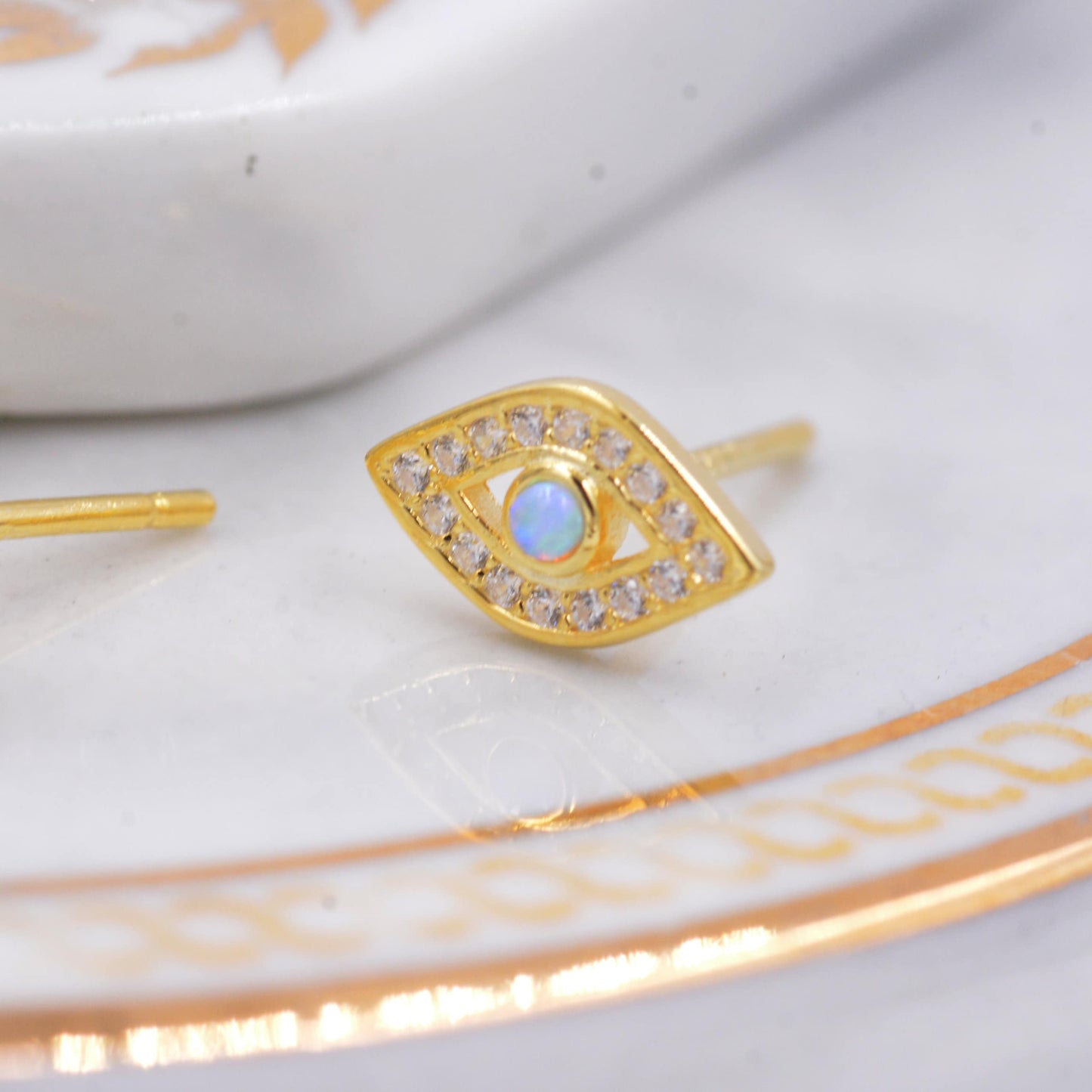 Sterling Silver Blue Opal Evil Eye Stud Earrings, Gold and Silver, Cute and Quirky Jewellery
