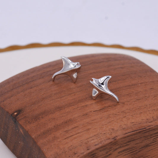Sterling Silver Manta Ray Stud Earrings, Ocean Creature Fish Earrings, Cute and Quirky