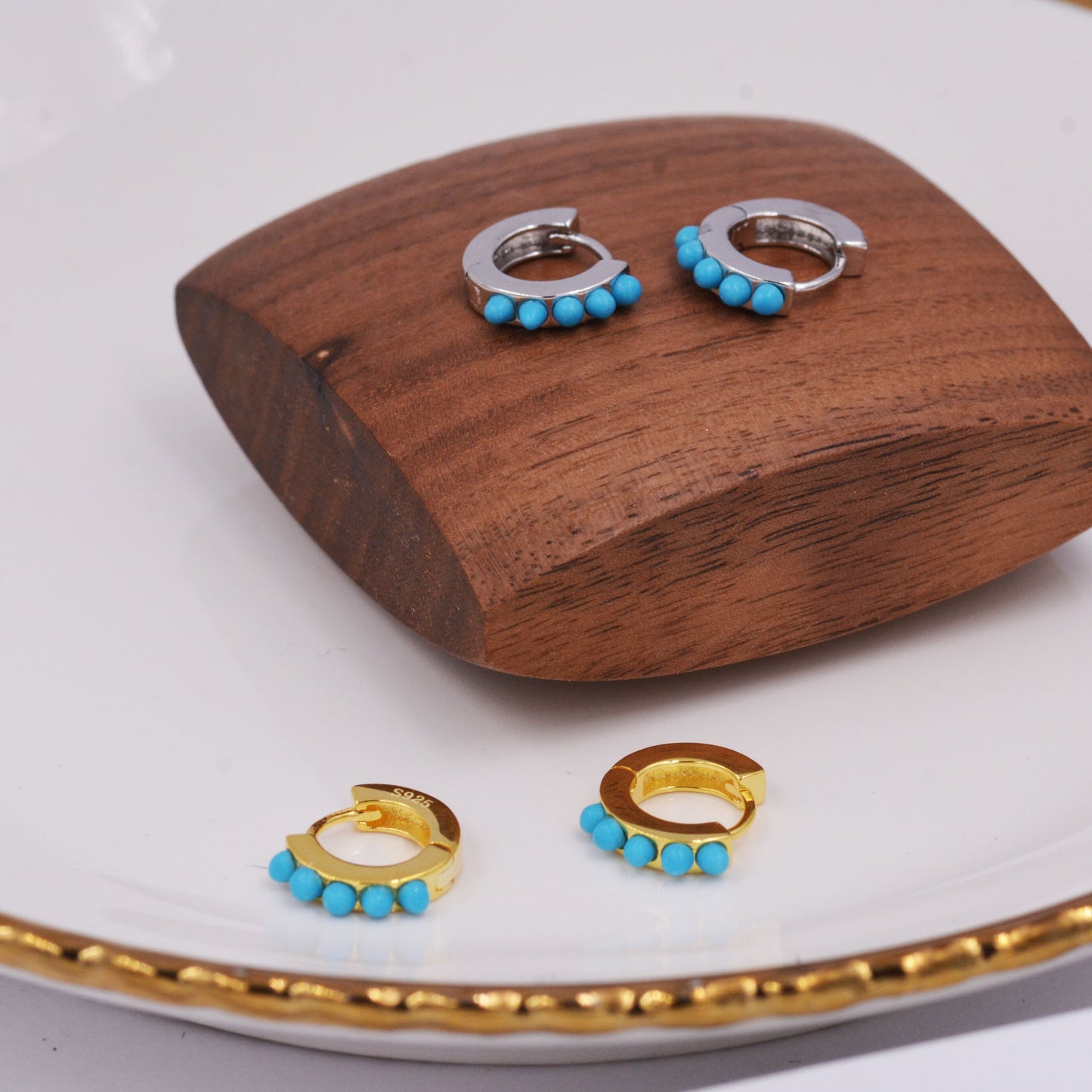Sterling Silver Turquoise Stones Huggie Hoop Earrings, Gold Hoop, Minimalist Geometric Hoop Earrings