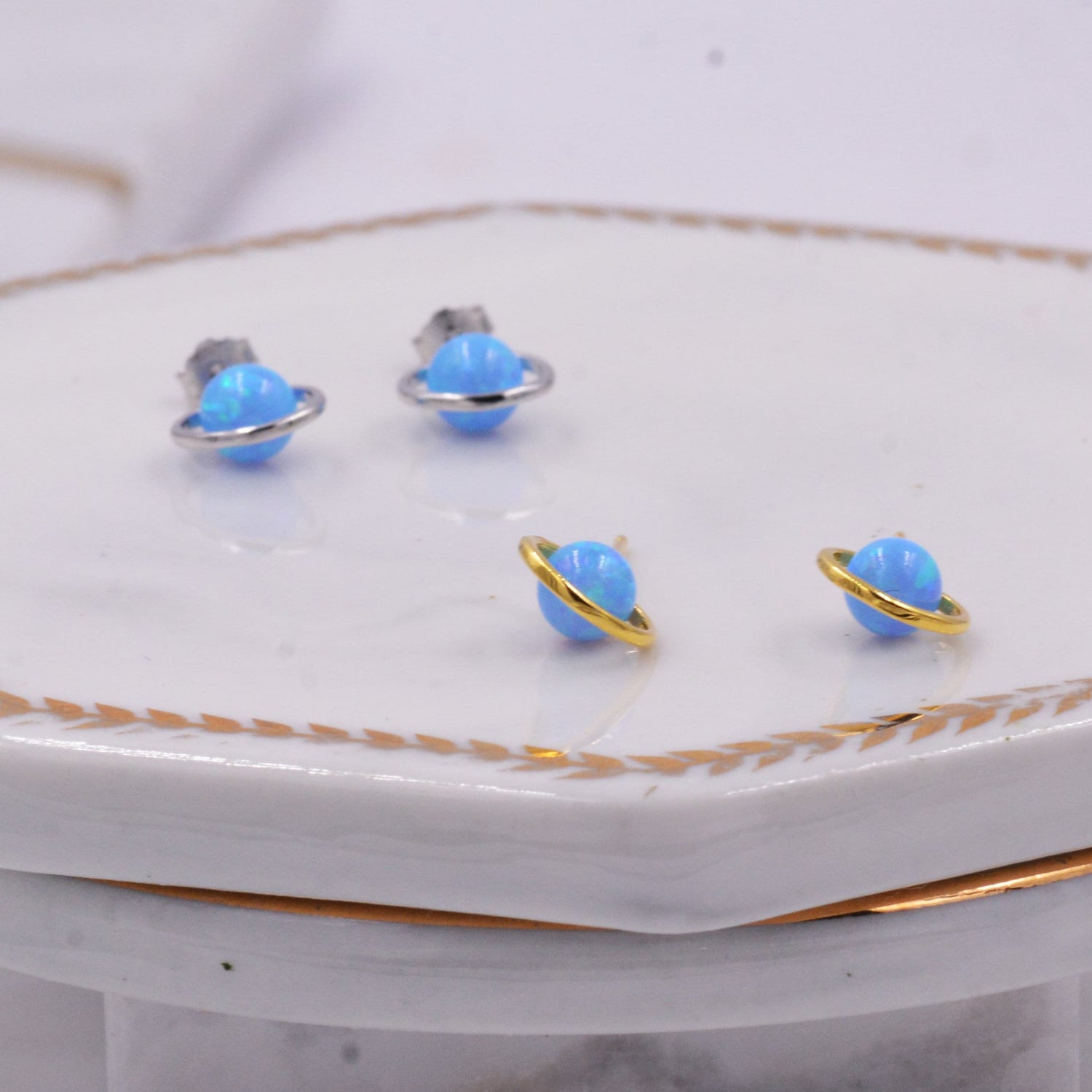 Sterling Silver Blue Planet Opal Stud Earrings, Saturn Earrings, Halo Opal Bead Stud, Blue and White , Gold or Silver Minimalist Geometric