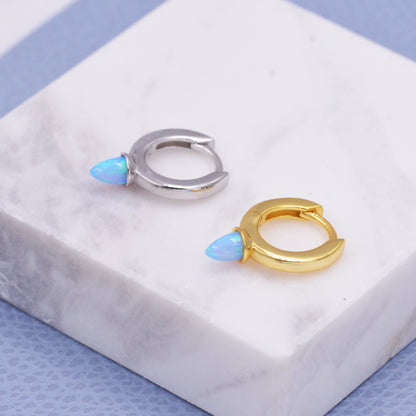 Sterling Silver Opal Spike Huggie Hoop Earrings, Blue and White Opal, Gold or Silver Minimalist Geometric Hoop Earrings
