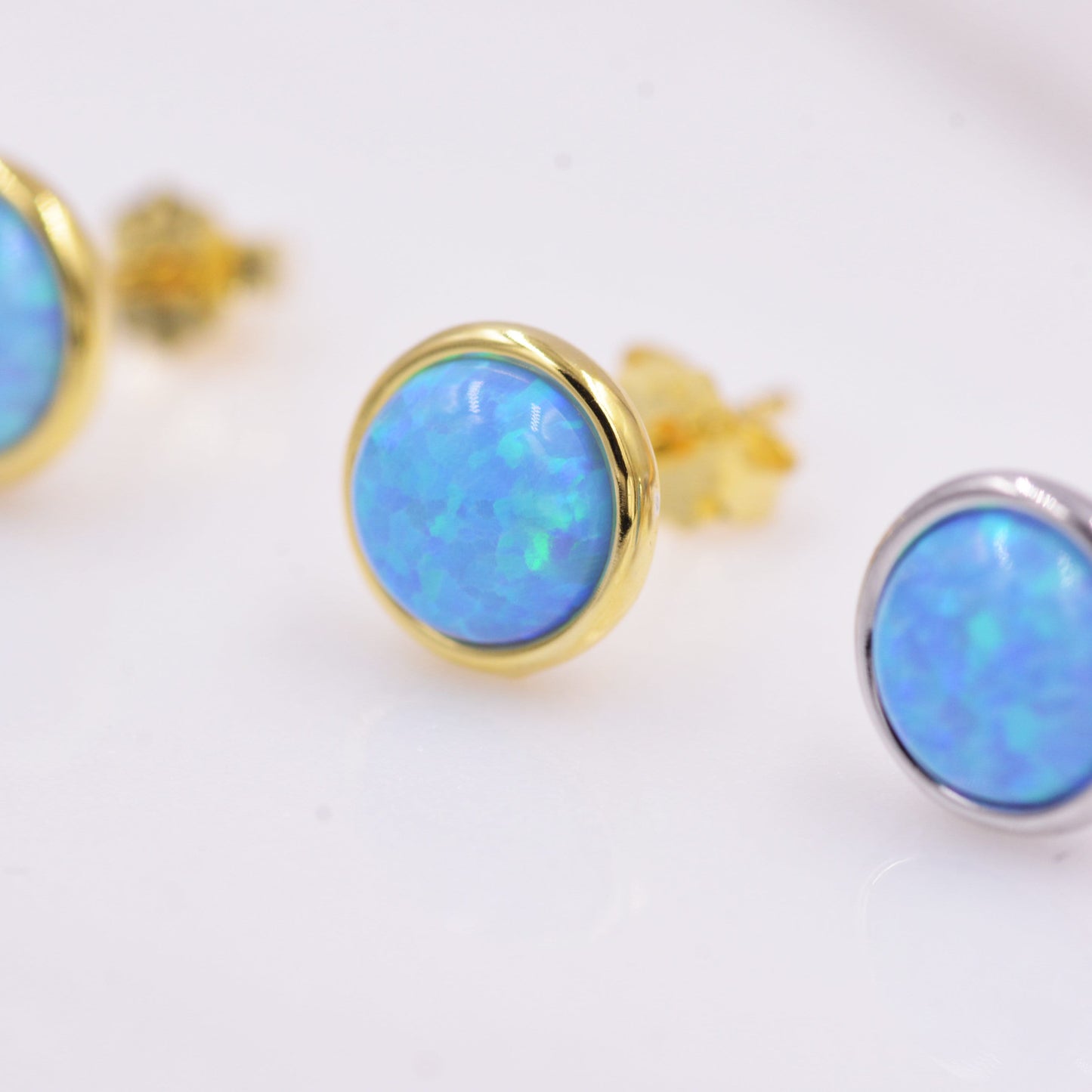 Sterling Silver Blue Opal  Stone Crystal Stud Earrings. Gold or Silver, Round Minimalist Dot Geometric Design. bridesmaid jewellery.