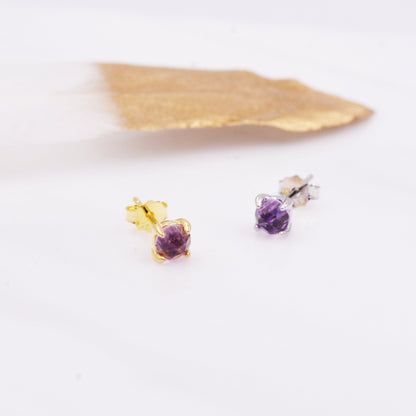 Natural Amethyst Tiny Stud Earrings in Sterling Silver, Rose Cut Amethyst, Gold or Silver, Genuine Gemstone, Minimalist Geometric Design