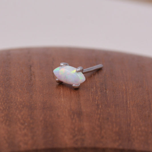 Sterling Silver Tiny White Opal Marquise Stud Earrings, Gold or Silver, Minimalist Geometric Design