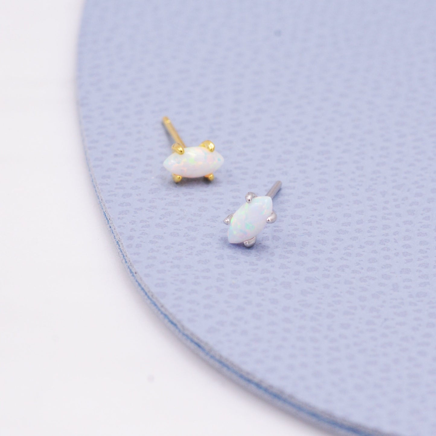 Sterling Silver Tiny White Opal Marquise Stud Earrings, Gold or Silver, Minimalist Geometric Design