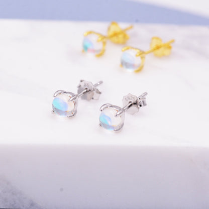 Sterling Silver Moonstone Glass Tiny Stud Earrings, Mermaid Tears, Simulated Moonstone Crystal Earrings, Minimalist and Discreet