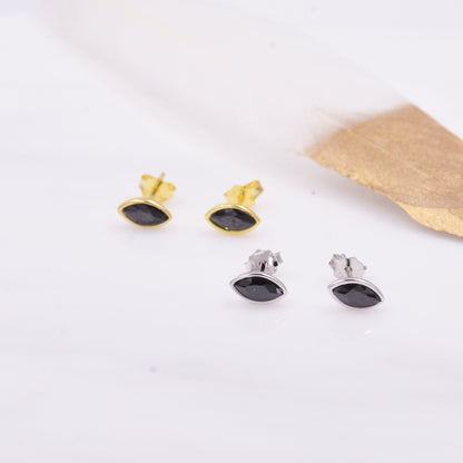 Black Spinel Crystal Marquise Stud Earrings in Sterling Silver, Gold or Silver, Minimalist Geometric Design