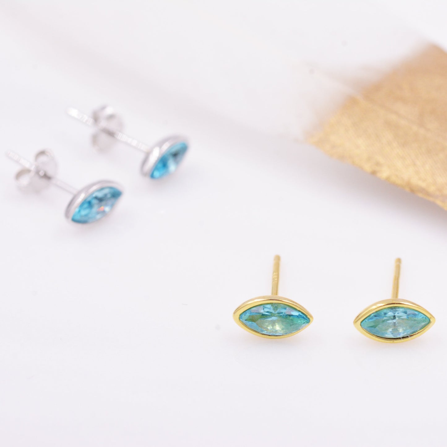 Blue Topaz Marquise Stud Earrings in Sterling Silver, Gold or Silver, Minimalist Geometric Design
