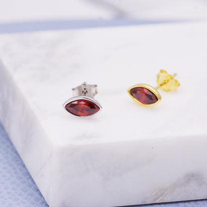 Ruby Red Marquise Stud Earrings in Sterling Silver, Gold or Silver, Minimalist Geometric Design