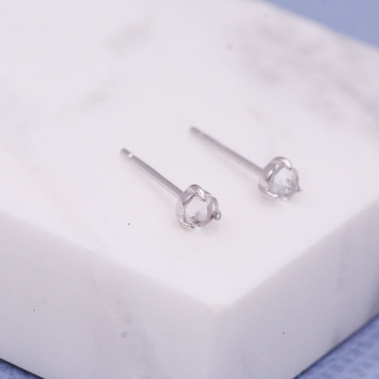 Genuine White Topaz 3mm Tiny Stud Earrings in Sterling Silver, Clear Topaz Crystals Stud, Rose Cut Gemstone, Minimalist, Discreet