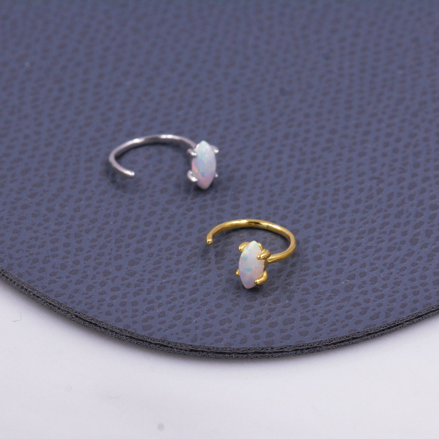 Minimalist Opal Marquise Huggie Hoop Threader Earrings in Sterling Silver, Gold or Silver, Pull Through Open Hoop Earrings,