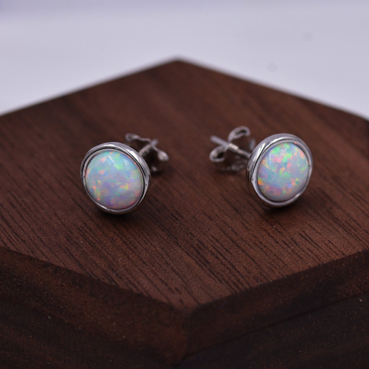 Sterling Silver White Opal  Stone Crystal Stud Earrings. Gold or Silver, Round Minimalist Dot Geometric Design. bridesmaid jewellery.