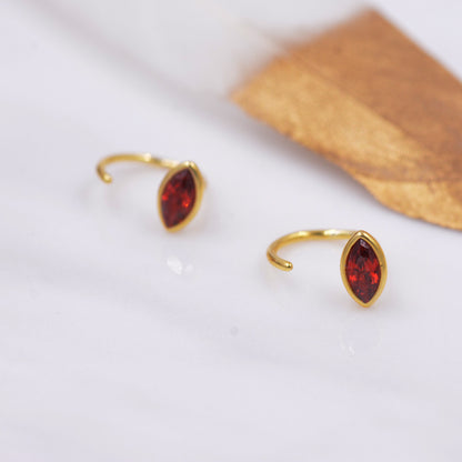 Ruby Red Crystal Marquise Huggie Hoop Threader Earrings in Sterling Silver, Gold or Silver, Pull Through Open Hoop Earrings