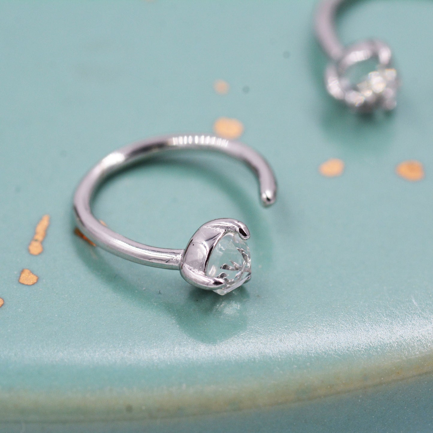 Natural White Topaz Crystal Huggie Hoop Threader Earrings in Sterling Silver, 3mm Three Prong, Gold or Silver, Pull Through Open Hoops
