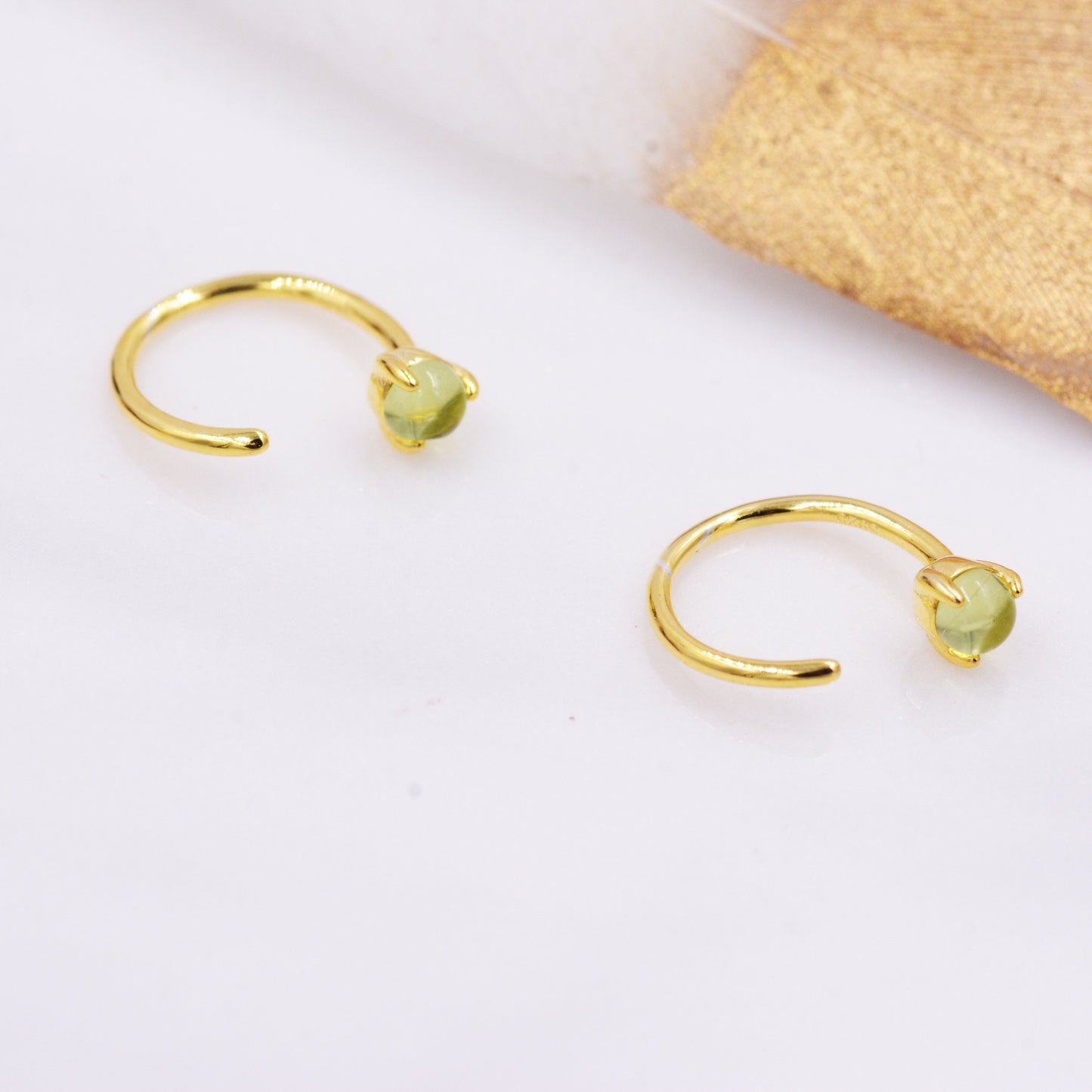 Natural Peridot Huggie Hoop Threader Earrings in Sterling Silver, 3mm Three Prong, Gold or Silver, Pull Through Open Hoops