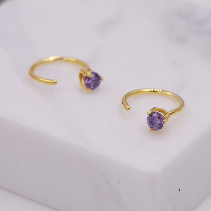 Lilac Amethyst Purple Crystal Huggie Hoop Threader Earrings in Sterling Silver, 3mm Three Prong, Gold or Silver, Pull Through Open Hoops