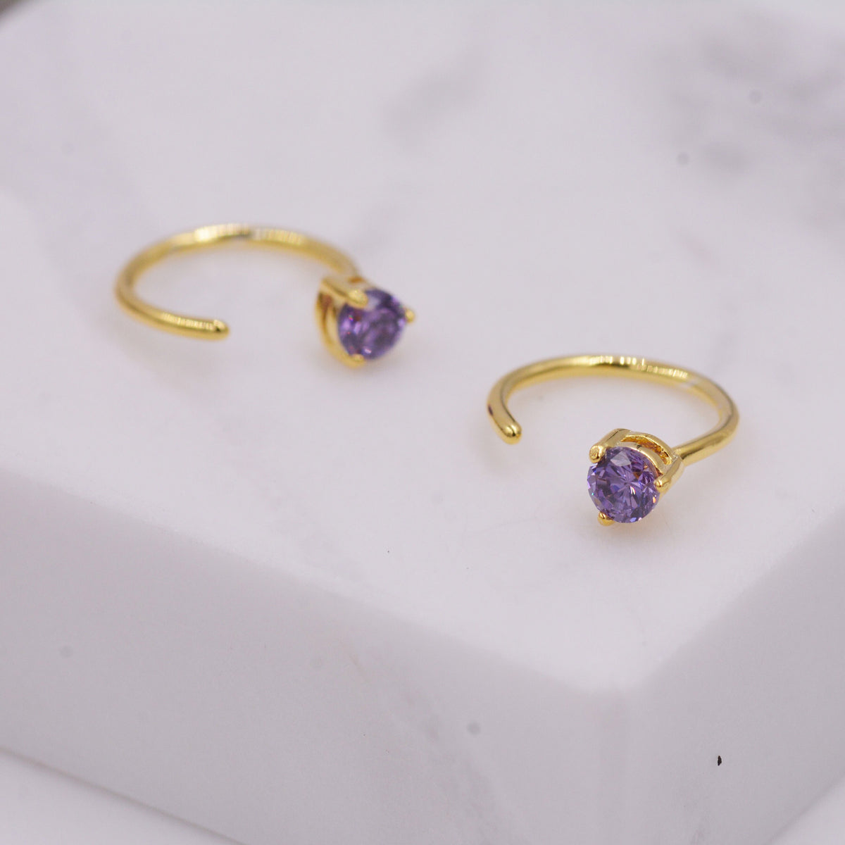 3mm Three Prong Amethyst Open Hoop Earrings