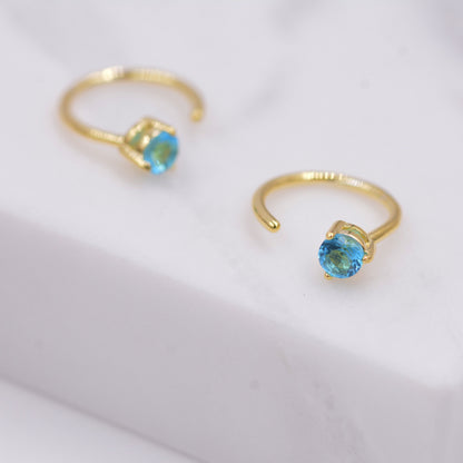 Aquamarine Blue Crystal Huggie Hoop Threader Earrings in Sterling Silver, 3mm Three Prong, Gold or Silver, Pull Through Open Hoops