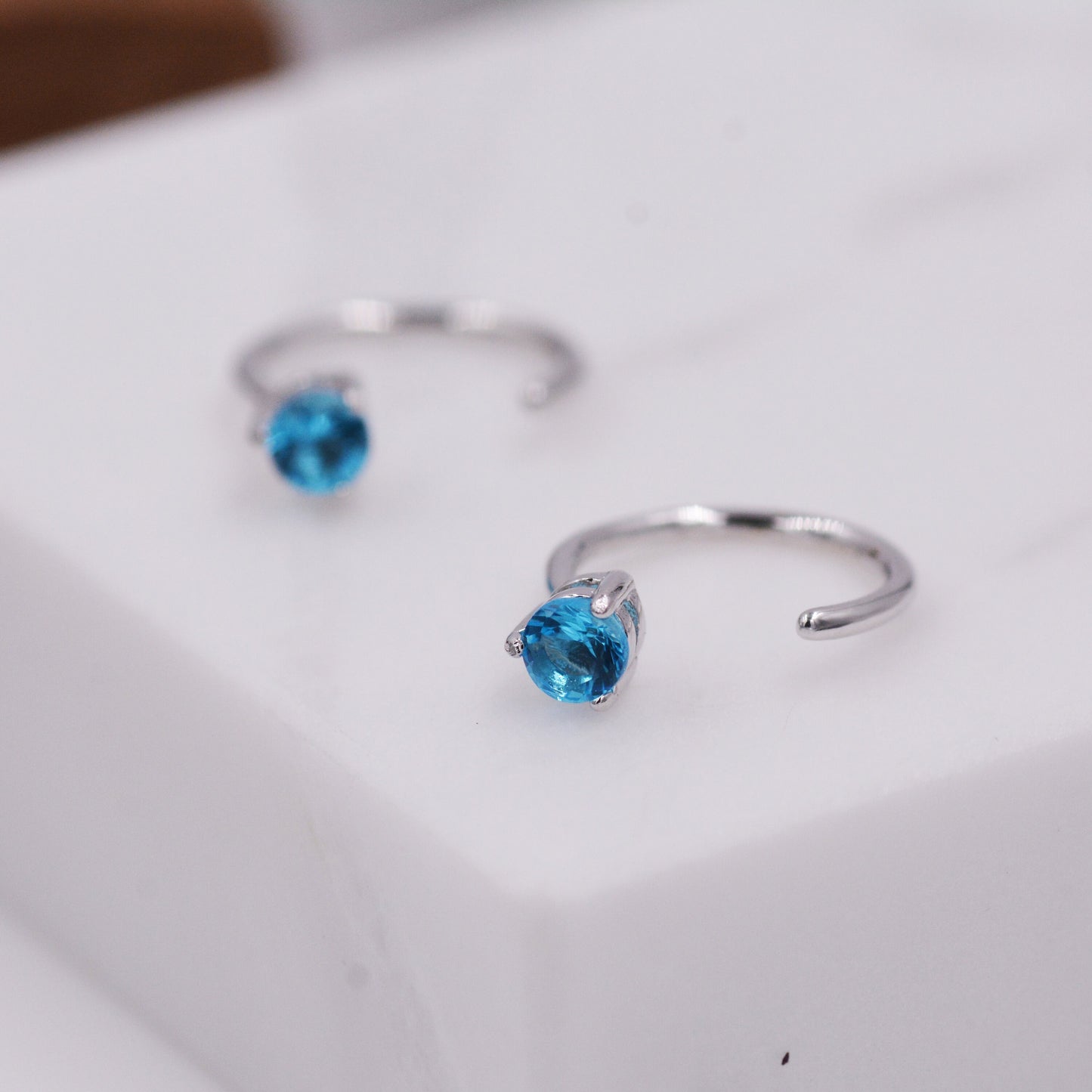 Aquamarine Blue Crystal Huggie Hoop Threader Earrings in Sterling Silver, 3mm Three Prong, Gold or Silver, Pull Through Open Hoops