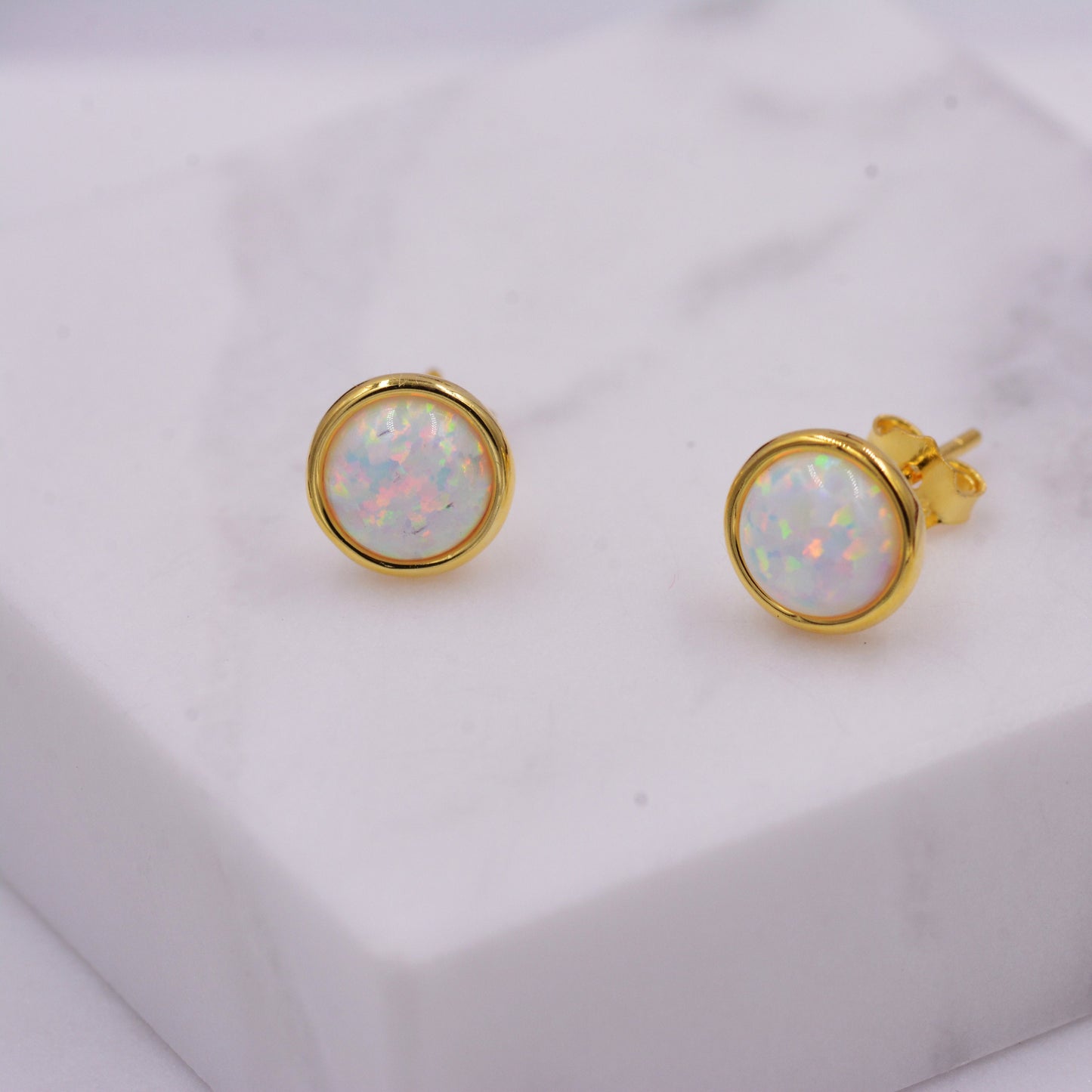Sterling Silver White Opal  Stone Crystal Stud Earrings. Gold Vermeil, Round Minimalist Dot Geometric Design. bridesmaid jewellery.