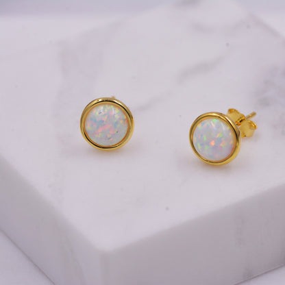 Sterling Silver White Opal  Stone Crystal Stud Earrings. Gold Vermeil, Round Minimalist Dot Geometric Design. bridesmaid jewellery.
