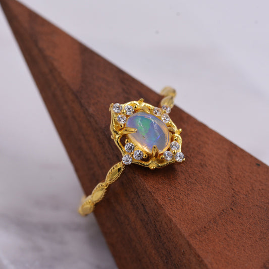 Sterling Silver Natural Genuine Opal Rings - US Size 6, 7, 8 - 18ct Gold Vermeil Finish - Vintage Inspired Design