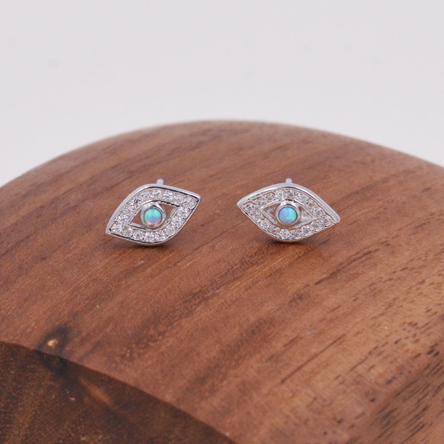 Sterling Silver Blue Opal Evil Eye Stud Earrings, Gold and Silver, Cute and Quirky Jewellery
