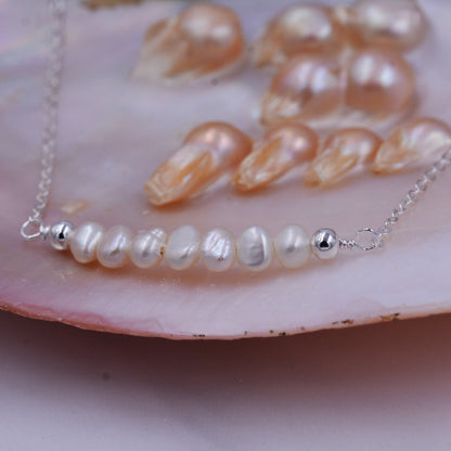 Baroque Pearl Bar Necklace in Sterling Silver, Delicate Keshi Pearl Layering Necklace, Tiny Delicate , Irregular Shape Fresh Water Pearl
