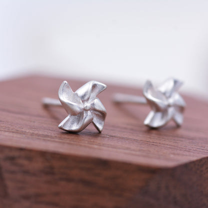 Pin Wheel Paper Pinwheel Stud Earrings in Sterling Silver - Origami Stud - Dainty and Delicate - Fun Quirky and Whimsical