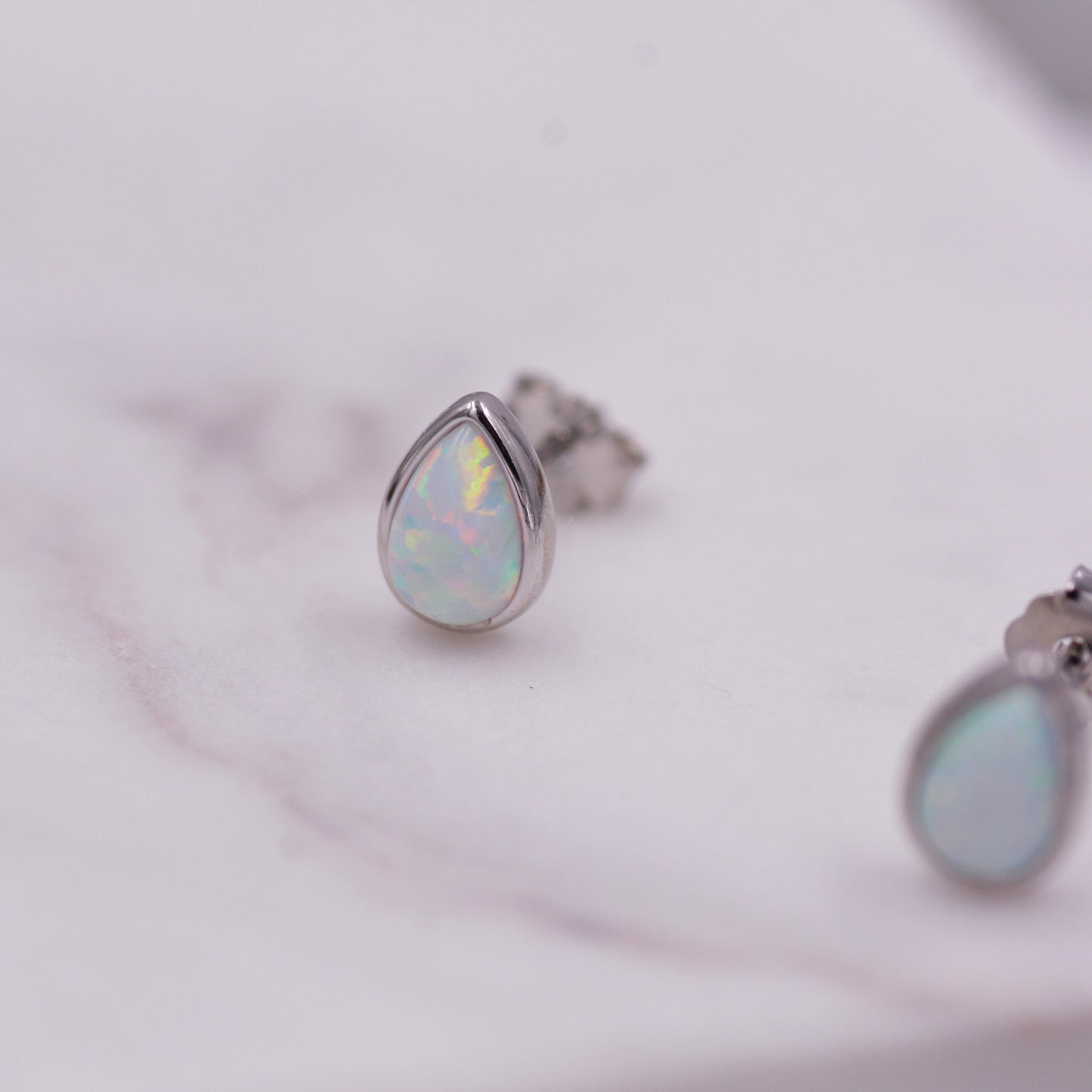 Opal Droplet Stud Earrings in Sterling Silver, Blue or White, Teardrop Opal, Pear Cut Opal Semi-precious Jewellery  R99