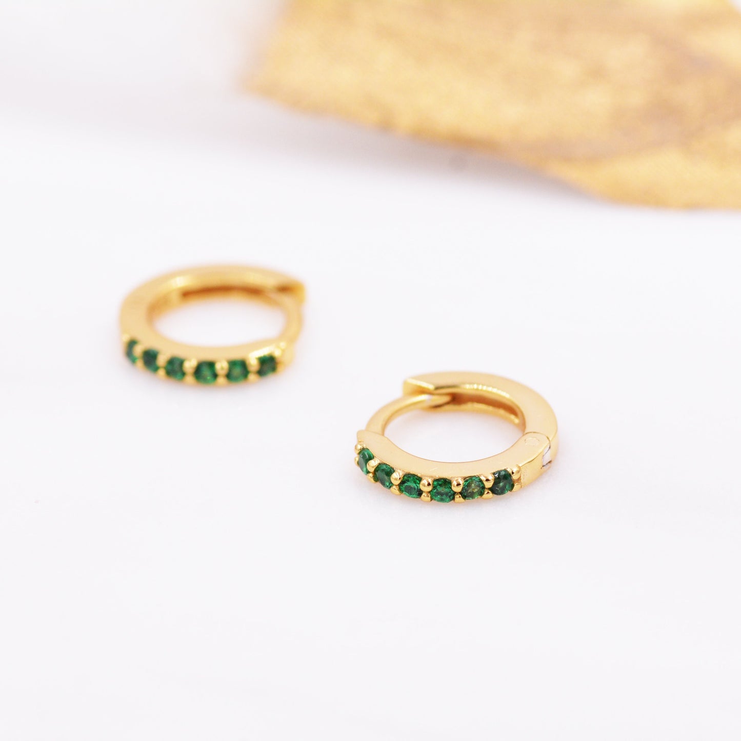 Emerald Green Crystal Huggie Hoop Earrings in Sterling Silver with Pave CZ Crystals, Gold or Silver, Tiny and Dainty, Simple Hoop Earrings